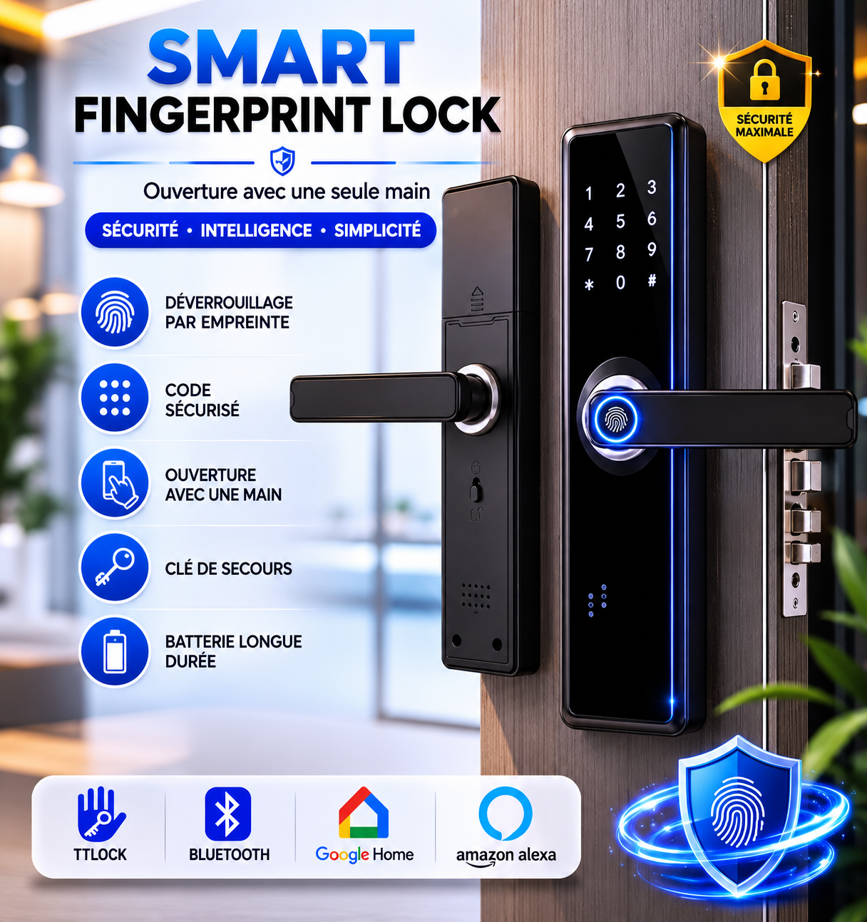 Serrure Connectée Bluetooth à Empreinte Digitale – Code, Carte RFID & Clé 🔑