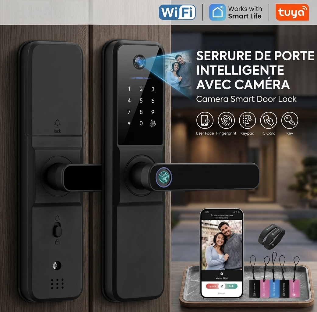 Serrure Connectée Intelligente– Empreinte Digitale, Caméra HD & WiFi🔐