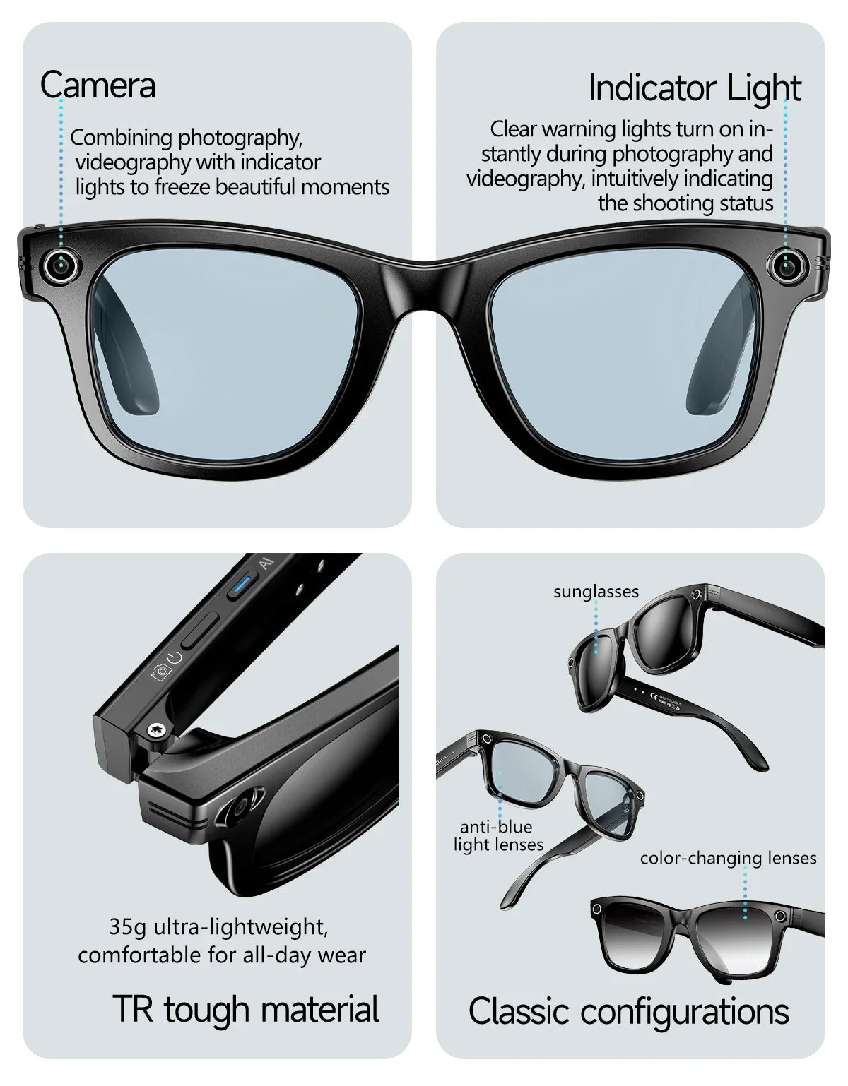 PulseTech SmartVision – Lunettes IA Caméra HD, Appels Bluetooth et Traduction en Temps Réel 🕶️